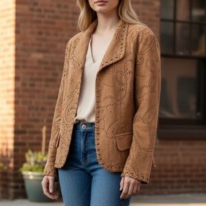 SUEDE JACKET. CHICOS OPEN BLAZER LASER CUT & GROMMET BOHO WESTERN COWGIRL SIZE M